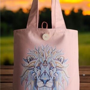 Pink Tote Bag with Artistic Lion Design